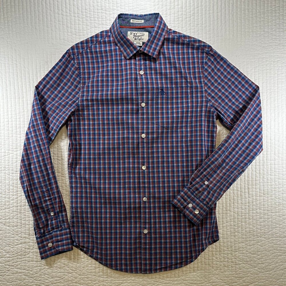 Original Penguin Blue Red Plaid Button Down Heritage Slim Fit Shirt Mens Size S
